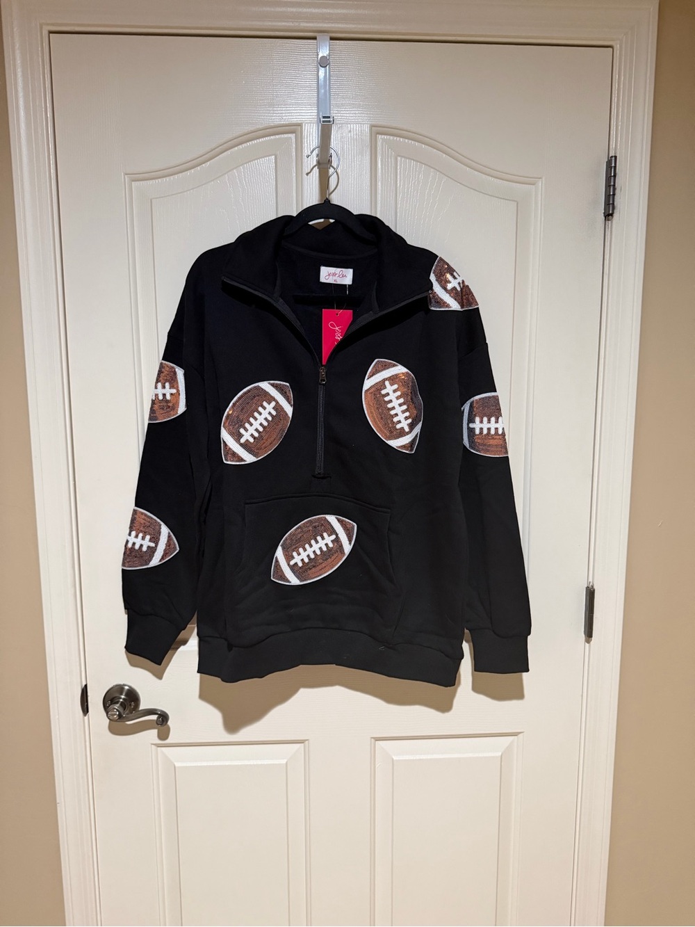 Black Football-Print Half-Zip Sweatshirt for Women